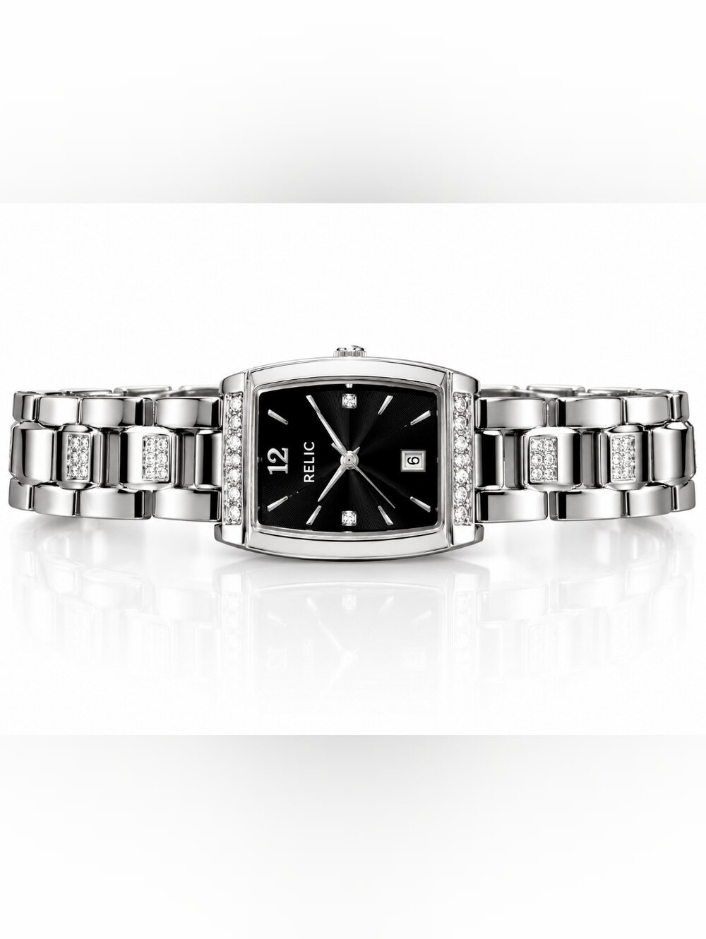 Relic Silver-Tone Bracelet Watch with Black Dial and Crystal Accents